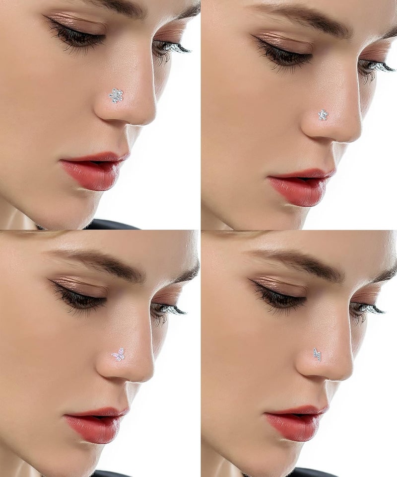 Tornito 9Pcs Nose Rings Stud L Bone Screw Shaped Nose Ring Flower CZ Snowflake Butterfly Screw Nose Stud Body Piercing Jewelry for Women Men 20G Silver Gold Rose Gold Tone - Image 2